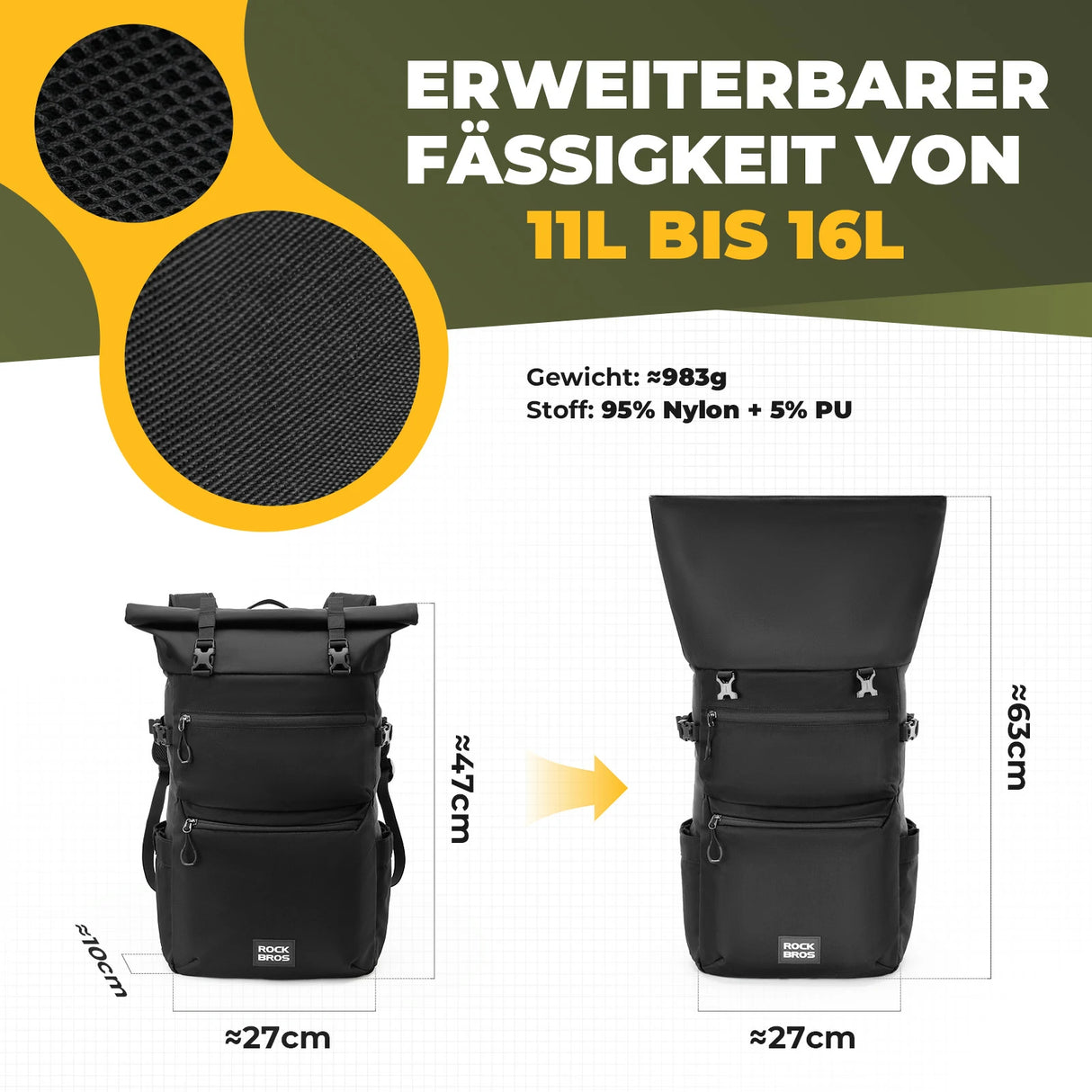 3‑in‑1 Fahrradtasche für Gepäckträger – 11‑16 L Volumen