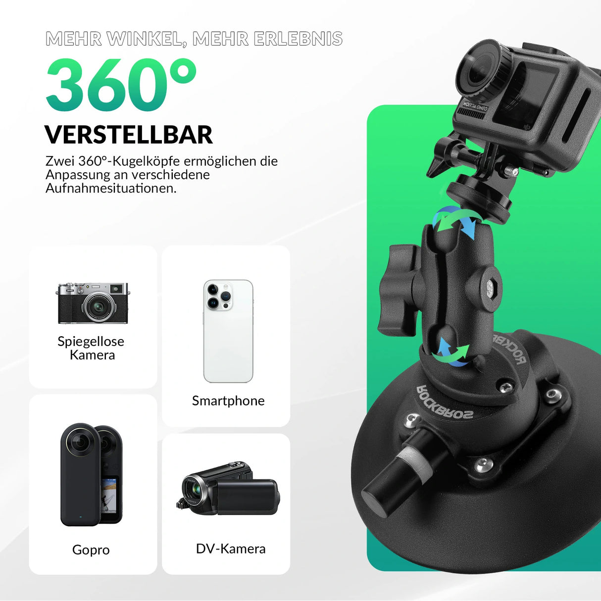 Action‑Kamera‑Saugnapfhalterung – Mit Pumpe & Magic Arm