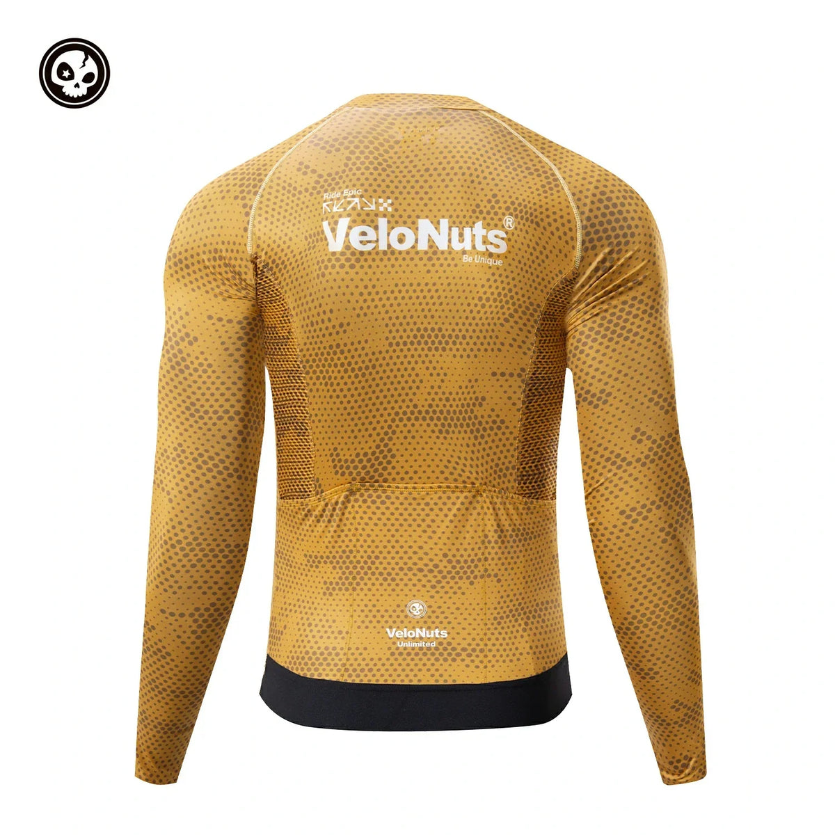 Gelbes Langarm-Kompressionsshirt mit 'VeloNuts'-Branding auf weißem Hintergrund