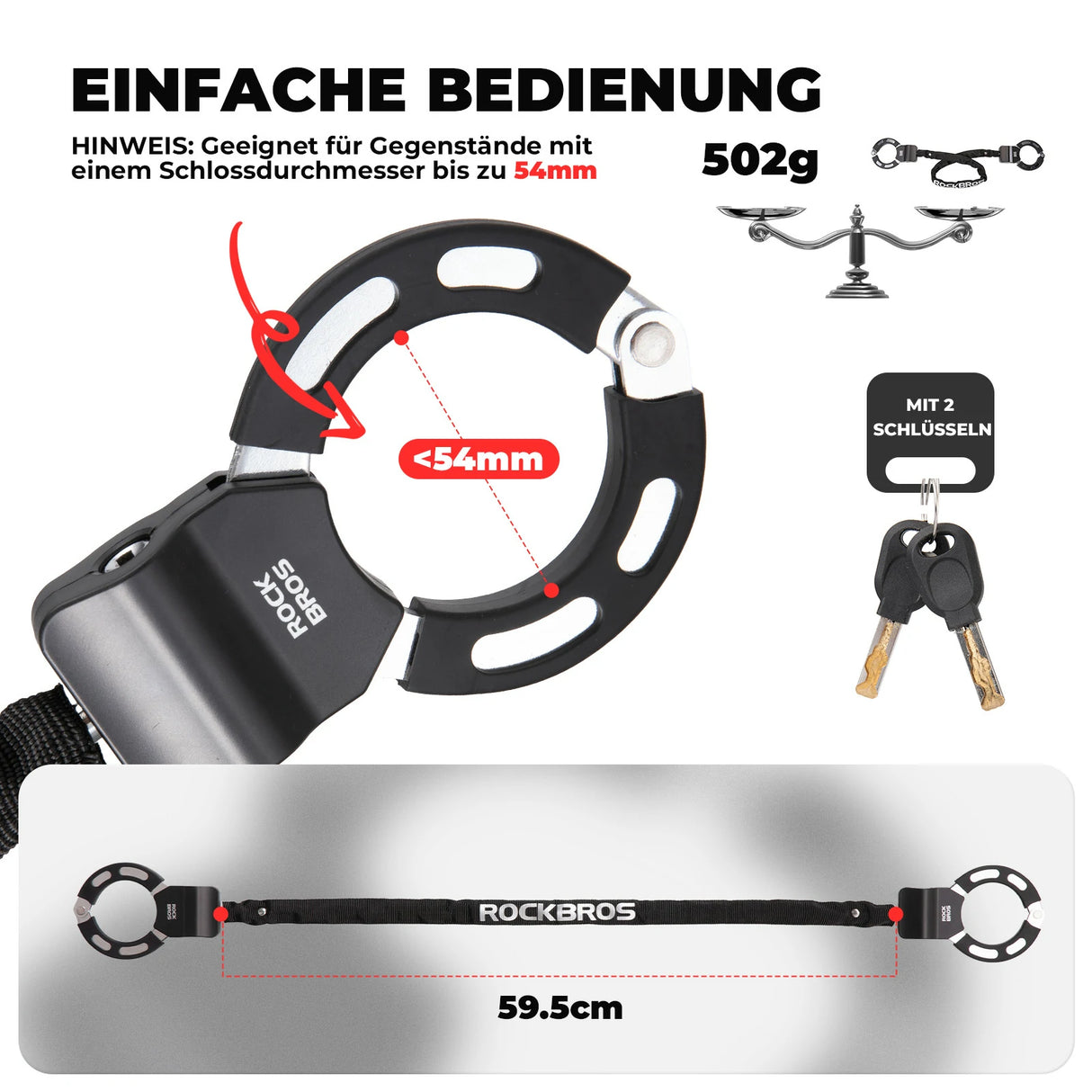 E‑Scooter Schloss – 59,5 cm Stahlkette für Roller & Fahrrad