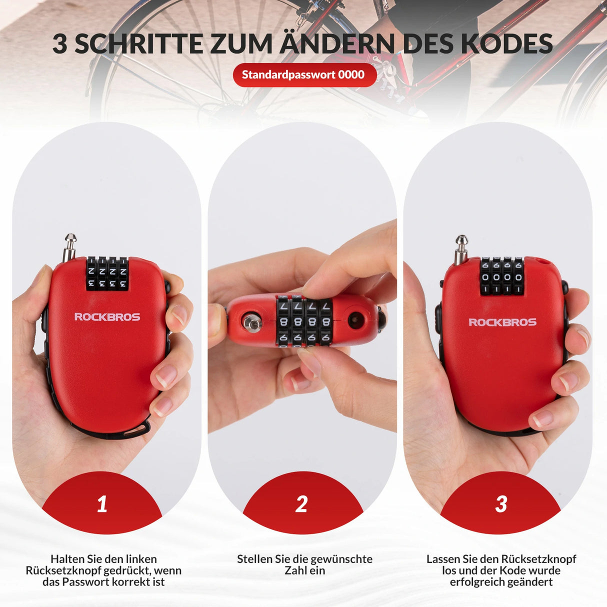 Fahrradschloss – Einziehbares Kabelschloss mit 4‑stelligem Code, 94 cm