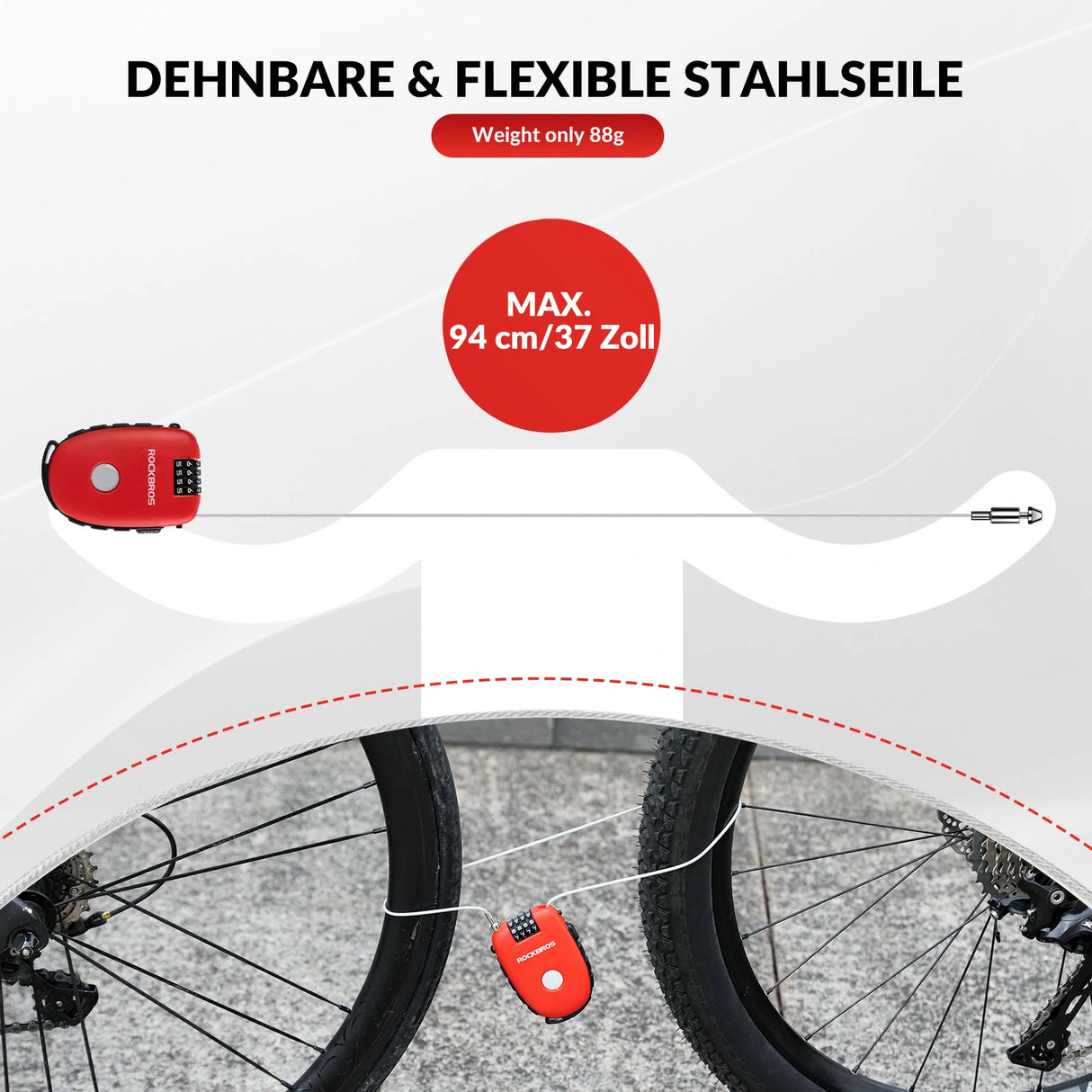 Fahrradschloss – Einziehbares Kabelschloss mit 4‑stelligem Code, 94 cm
