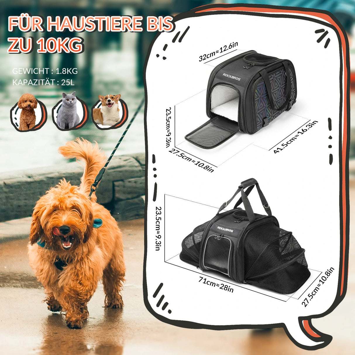 Hundetasche – Tragetasche für Hunde & Katzen, 5 Tragemöglichkeiten, 25 L