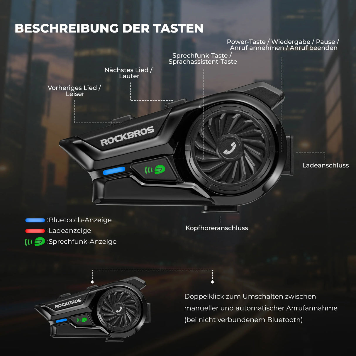 Motorrad‑Intercom Bluetooth Headset – 300 m Reichweite, IP56 wasser‑ & staubdicht