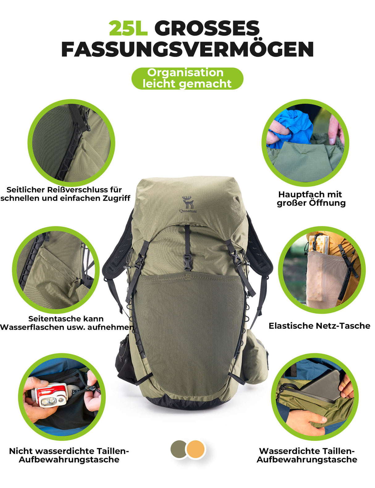 Qunature 25L Wanderrucksack – Atmungsaktiv mit abnehmbarer Tasche & Seitenzugang