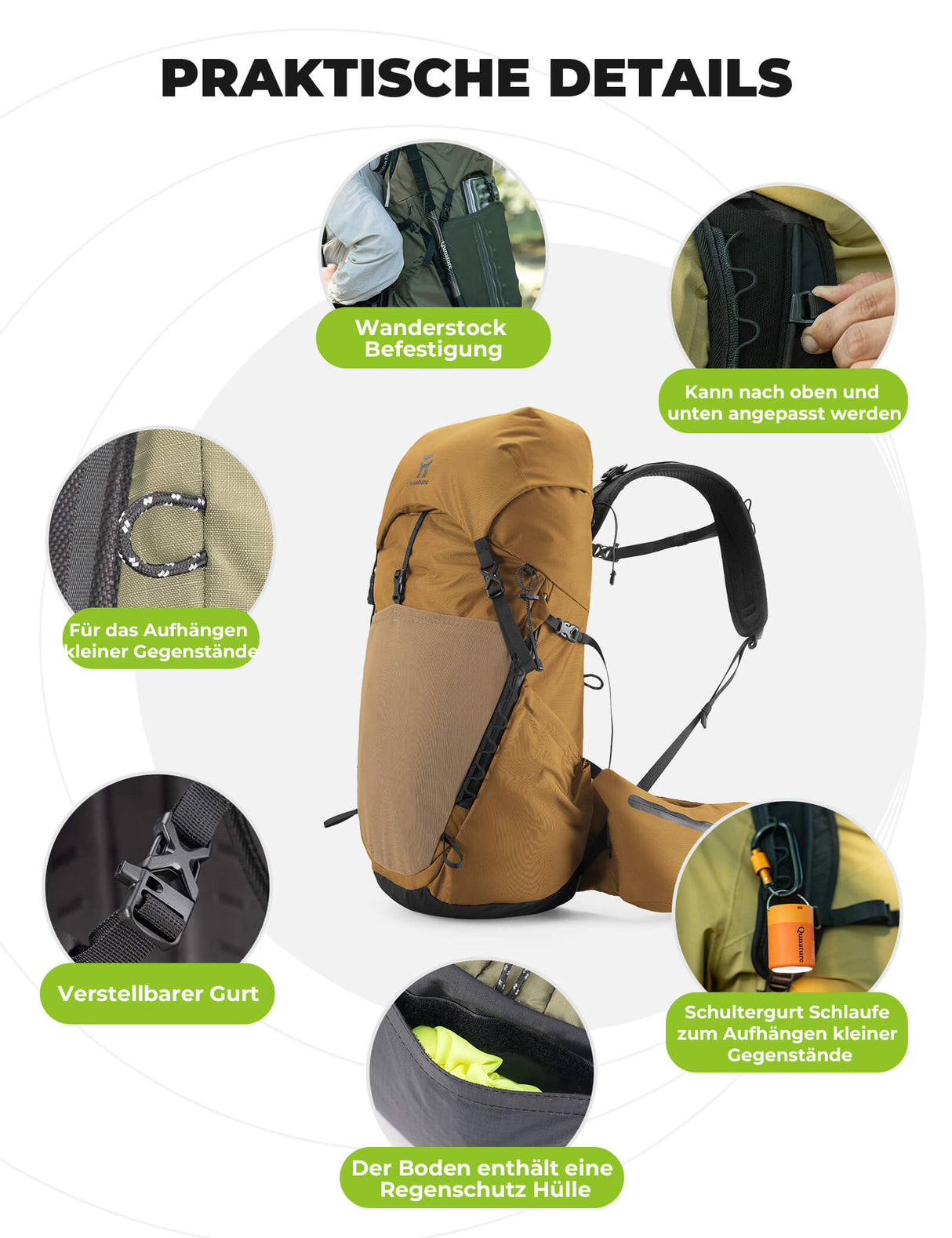 Qunature 25L Wanderrucksack – Atmungsaktiv mit abnehmbarer Tasche & Seitenzugang