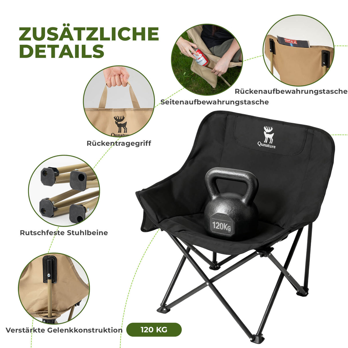 Qunature Campingstuhl Faltbar Tragbarer Camping Stuhl – Mit Tragetasche und Tragegriff 120KG/60KG