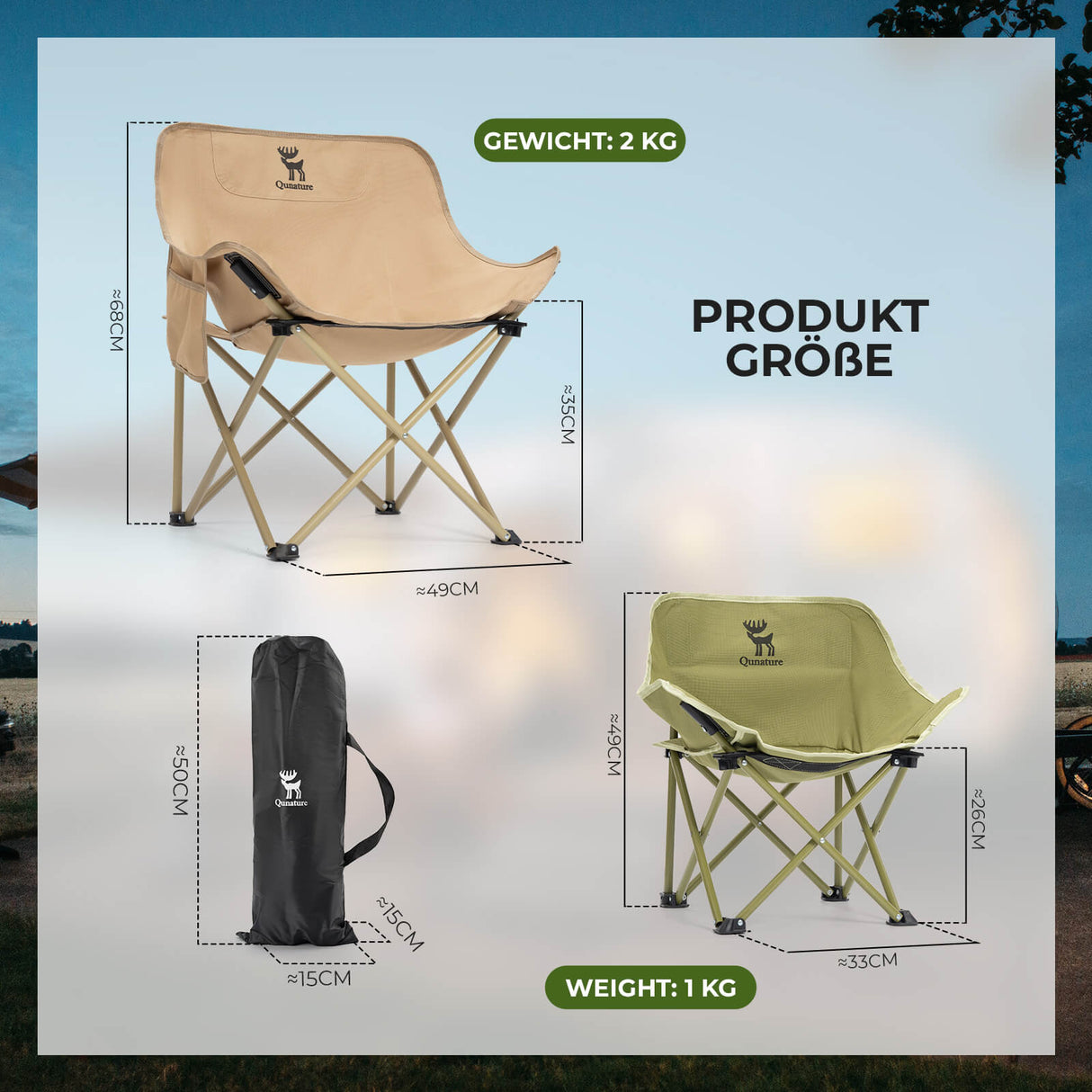 Qunature Campingstuhl Faltbar Tragbarer Camping Stuhl – Mit Tragetasche und Tragegriff 120KG/60KG