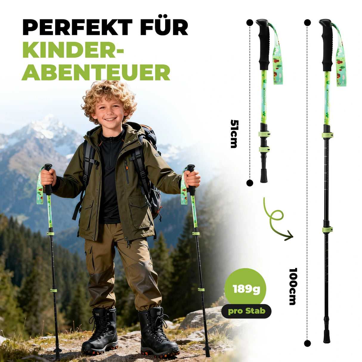 Qunature Kinder-Wanderstöcke – 51–100 cm verstellbar, Aluminium, 1 Stück