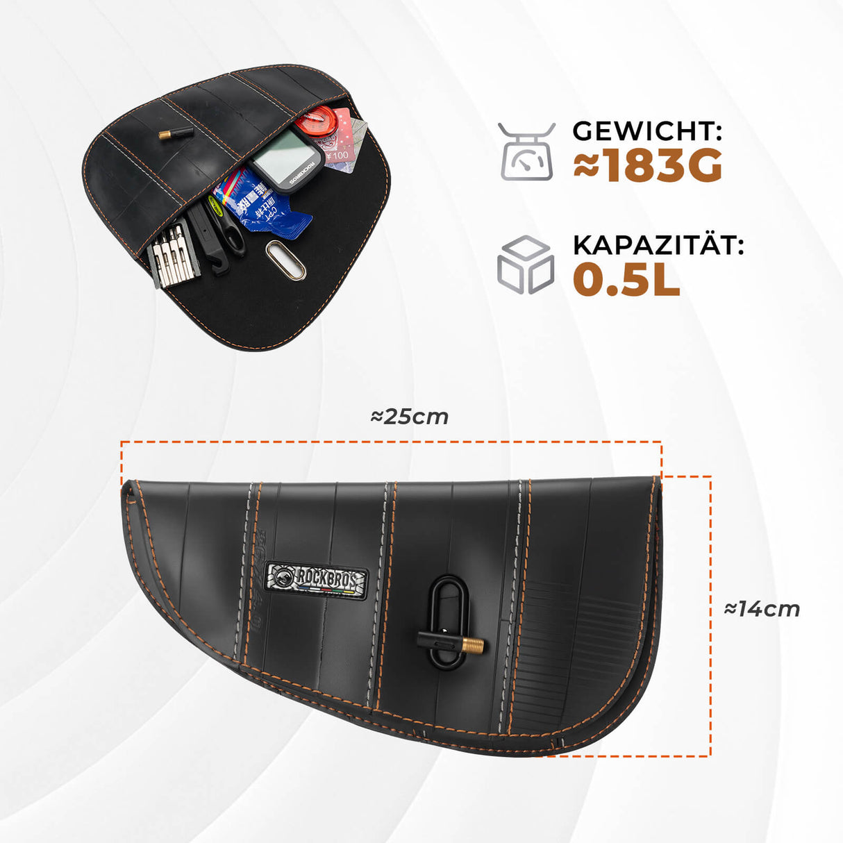 ROAD TO SKY nachhaltige Fahrrad-Oberrohrtasche aus recycelten Reifen mit 0,5 L