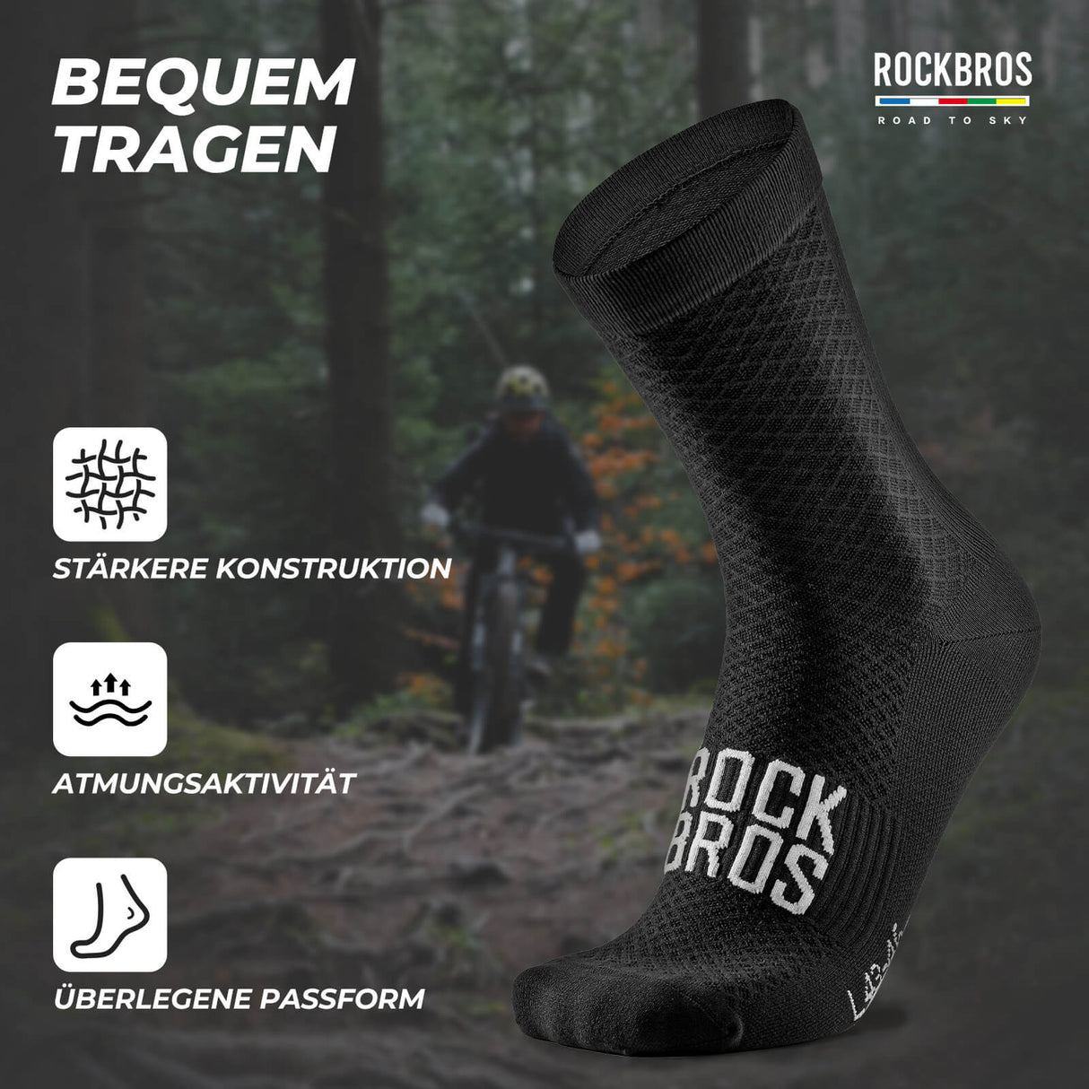 ROAD TO SKY Sportsocken Baumwolle Atmungsaktive Laufsocken für MTB & Rennrad-Schwarz