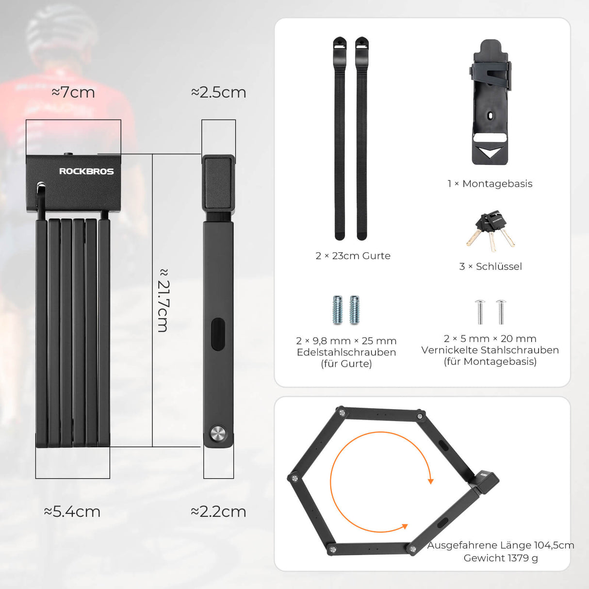 ROCKBROS Faltschloss Fahrradschloss 104 cm Faltbares