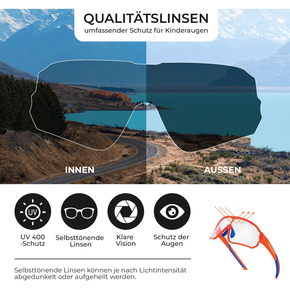 ROCKBROS Kinder Fahrradbrille UV400-Schutz Selbsttönend Sonnenbrille - ROCKBROS-EU