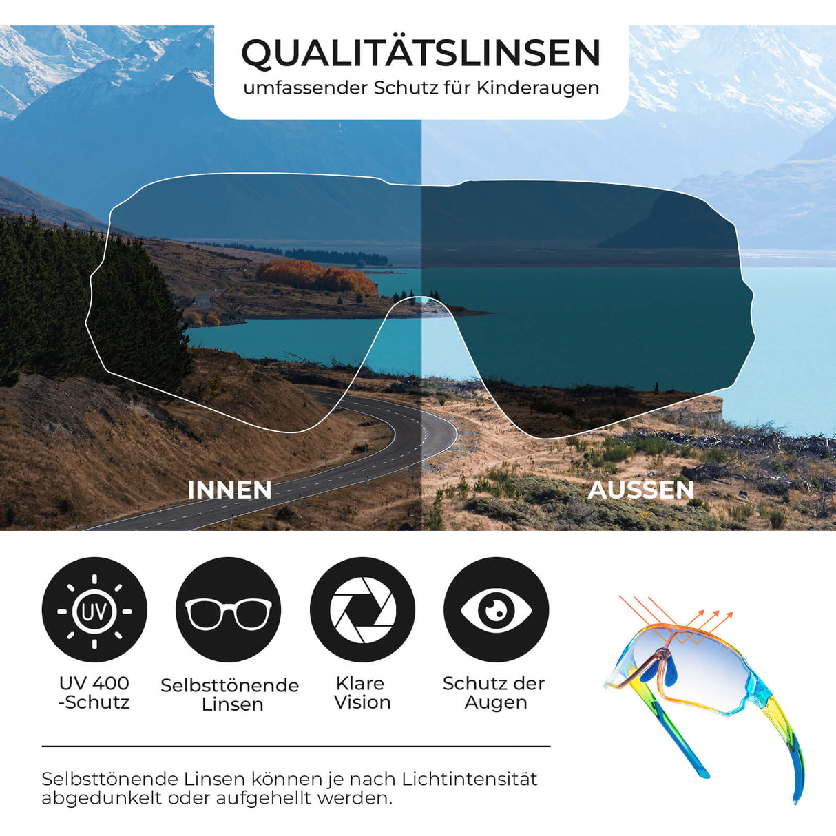 ROCKBROS Kinder Fahrradbrille UV400-Schutz Selbsttönend Sonnenbrille - ROCKBROS-EU