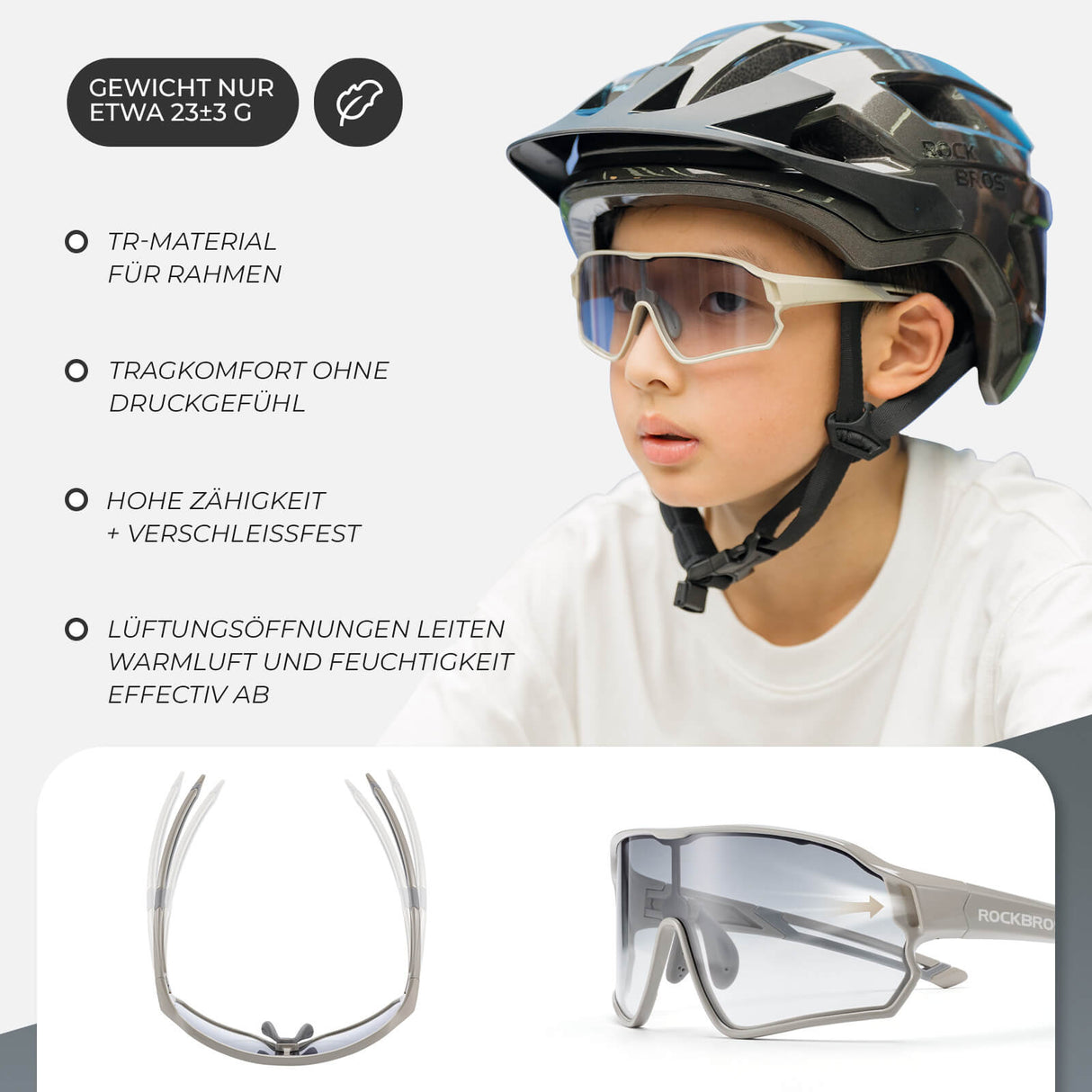 ROCKBROS Kinder Fahrradbrille UV400-Schutz Selbsttönend Sonnenbrille - ROCKBROS-EU