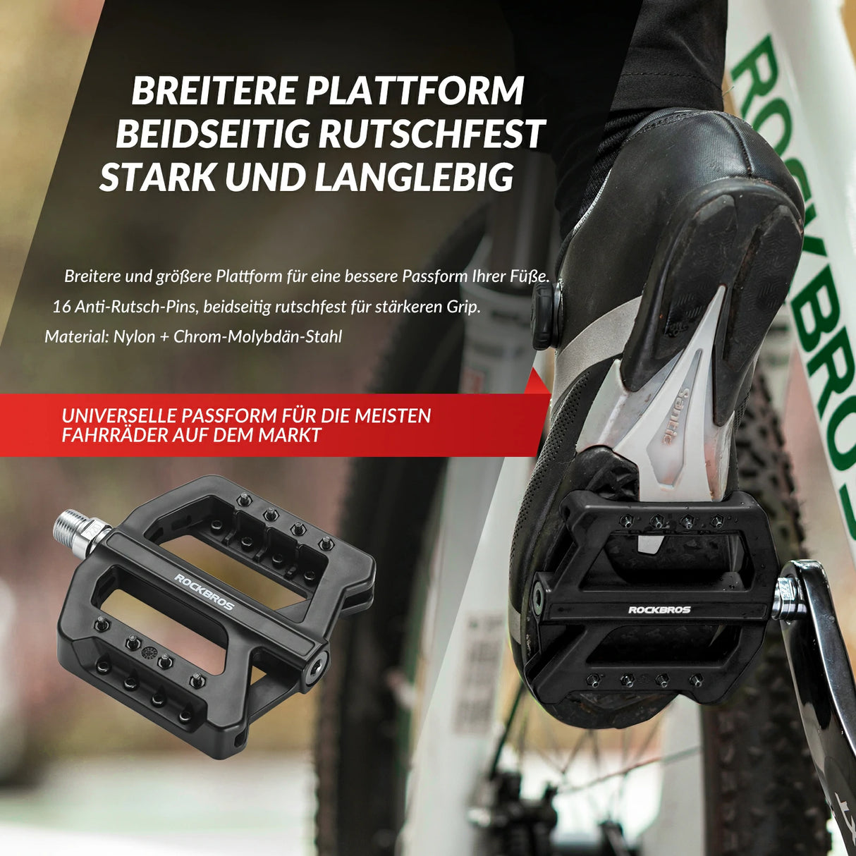 ROCKBROS Fahrradpedale 9/16 Zoll, Mountainbike Pedale aus Nylonfaser