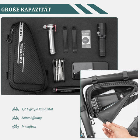ROCKBROS 1.2L wasserdichte Rahmentasche, ideal für Mountainbikes und Rennräder, mit reflektierendem Design und einfacher Installation.