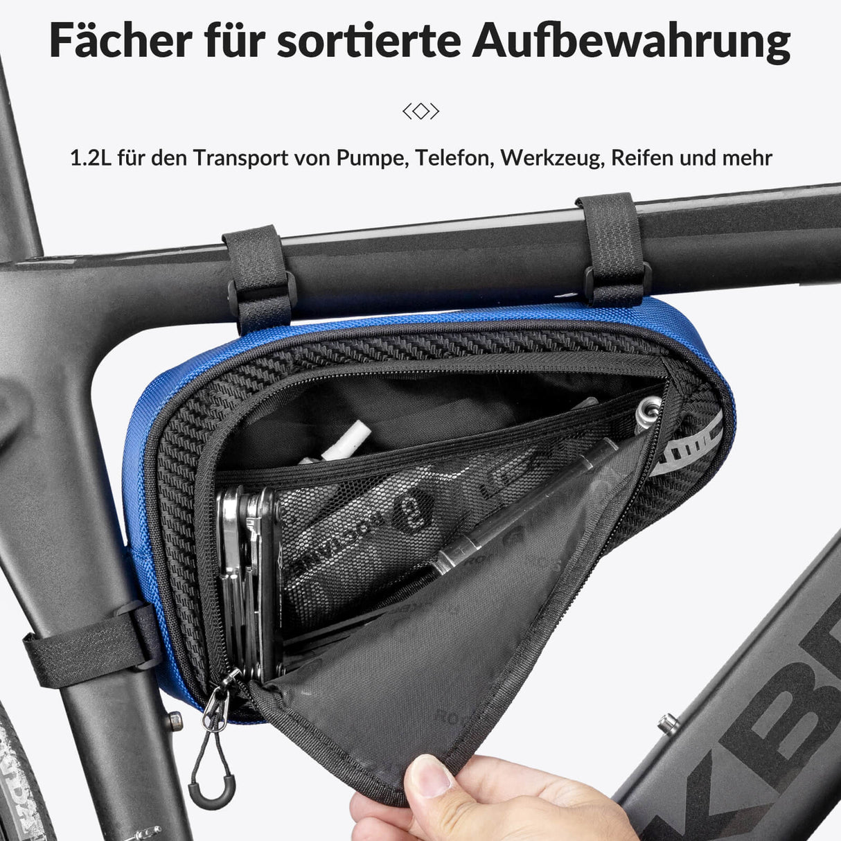 ROCKBROS 1.2L wasserdichte Rahmentasche, ideal für Mountainbikes und Rennräder, mit reflektierendem Design und einfacher Installation.