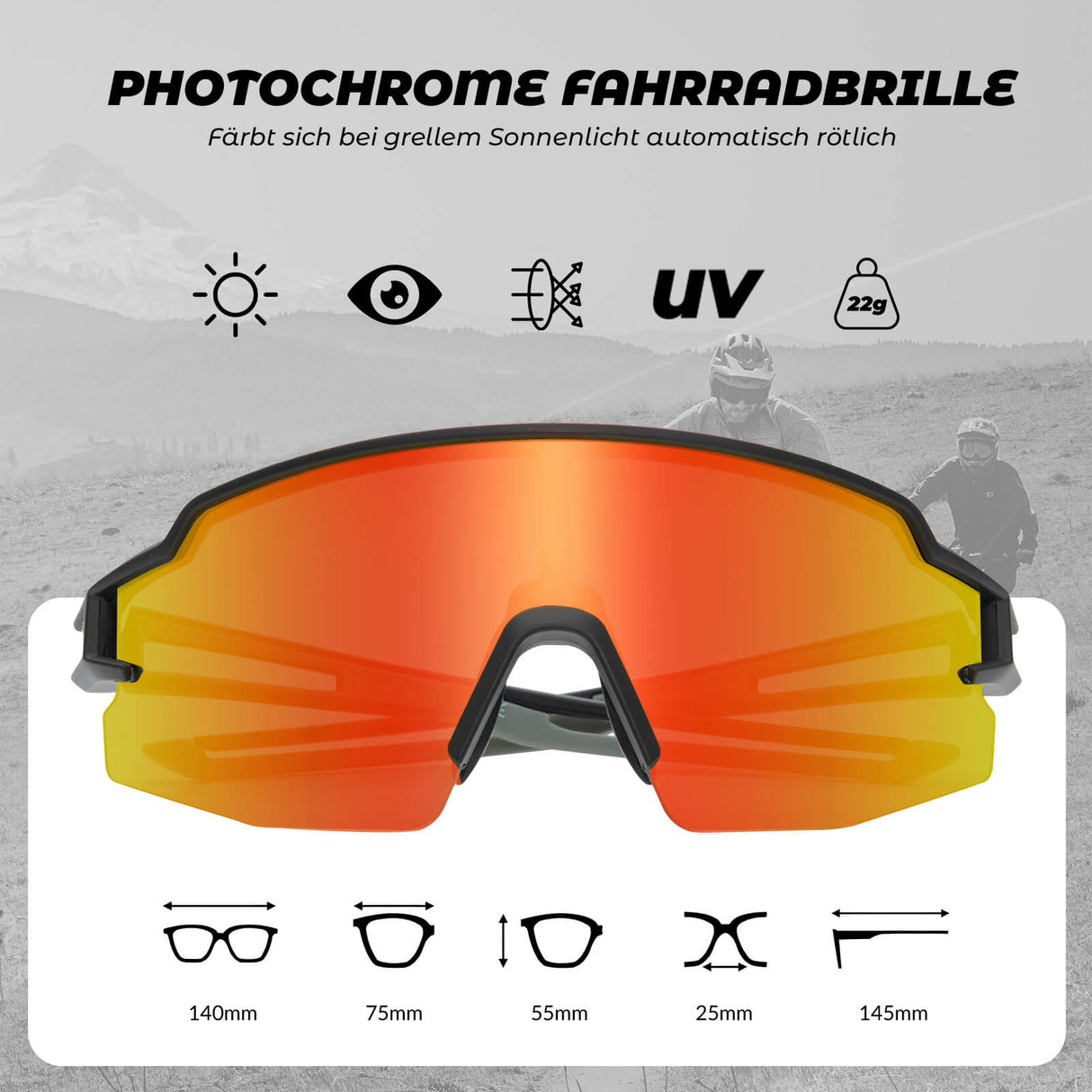 ROCKBROS Fahrradbrille Photochromatisch Sonnenbrille UV400-Schutz Leicht-Rot