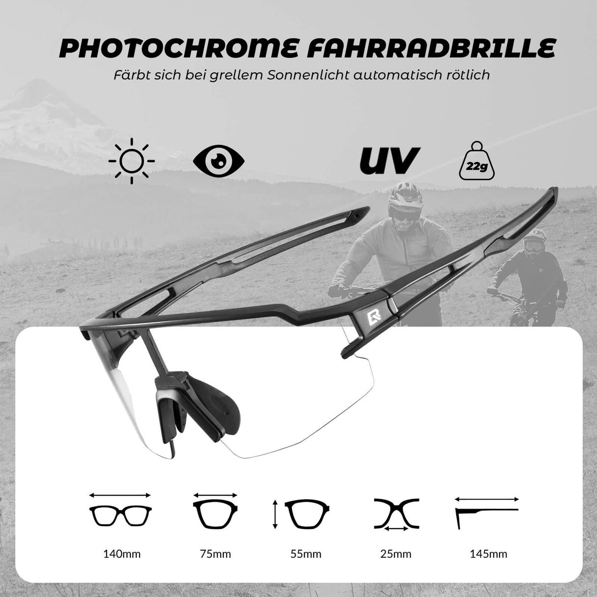 ROCKBROS Fahrradbrille Photochromatisch Sonnenbrille UV400-Schutz Leicht-Schwarz