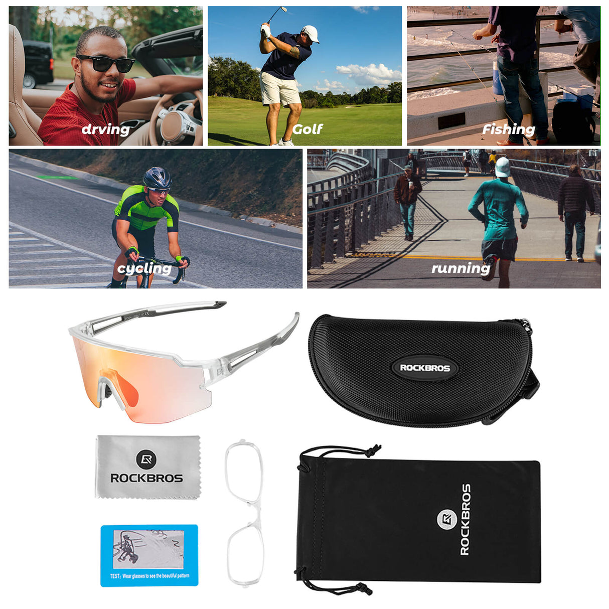 ROCKBROS Fahrradbrille Photochromatisch Sonnenbrille UV400-Schutz Leicht-Schwarz