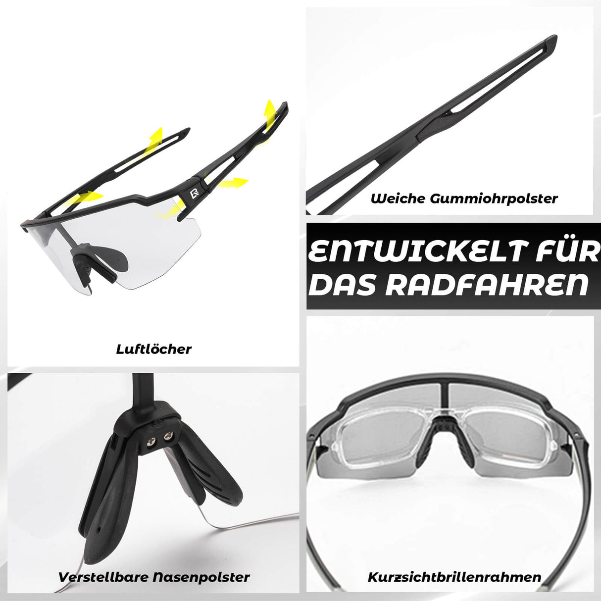 ROCKBROS Fahrradbrille Photochromatisch Sonnenbrille UV400-Schutz Leicht-Schwarz