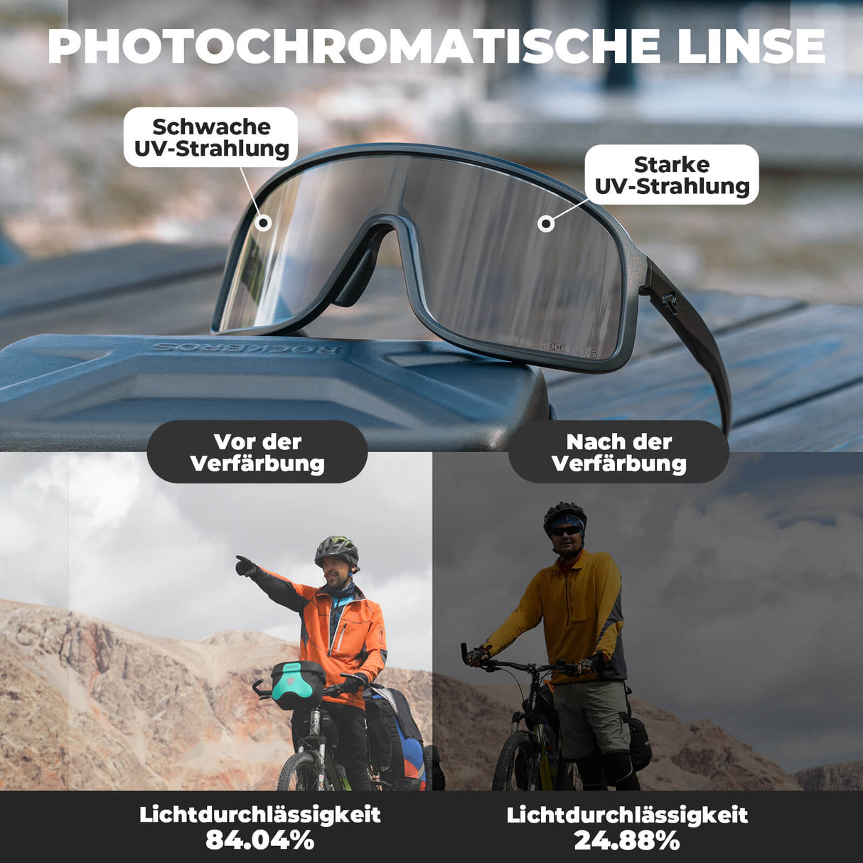 ROCKBROS Fahrradbrille Selbsttönend Sonnenbrille UV400-Schutz verstellbar Nasenpad-Schwarz (Antibeschlag-Glas)