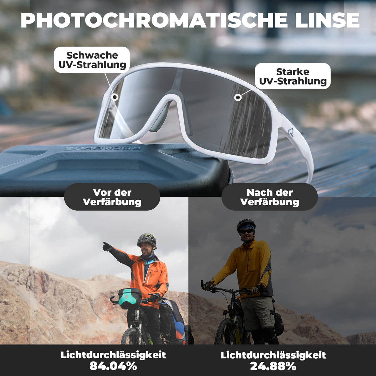ROCKBROS Fahrradbrille Selbsttönend Sonnenbrille UV400-Schutz verstellbar Nasenpad-Weiß (Antibeschlag-Glas)