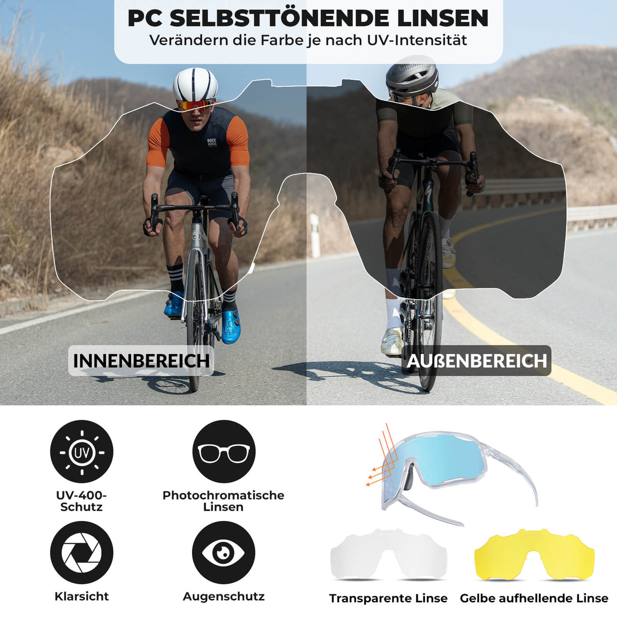 ROCKBROS Fahrradbrille Selbsttönende Sonnenbrille UV-Schutz Wechsel-Nasenpads Damen/Herren-Hellgrau-Blau