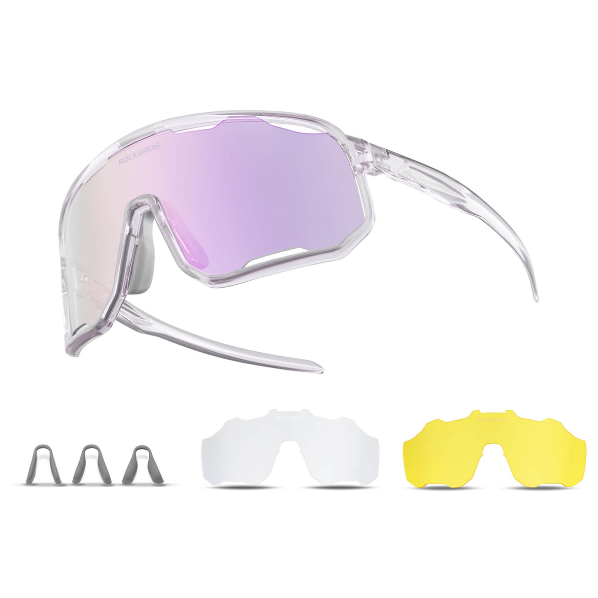 ROCKBROS Fahrradbrille Selbsttönende Sonnenbrille UV-Schutz Wechsel-Nasenpads Damen/Herren-Transparent-Hellviolett