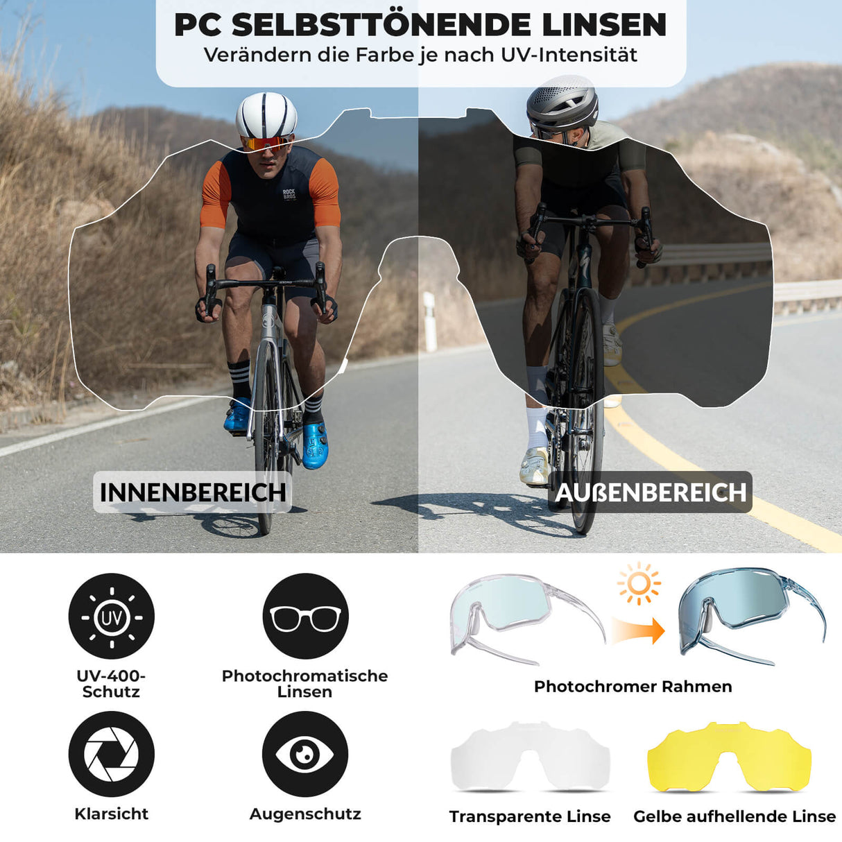 ROCKBROS Fahrradbrille Selbsttönende Sonnenbrille UV-Schutz Wechsel-Nasenpads Damen/Herren-Transparent - Hellblau