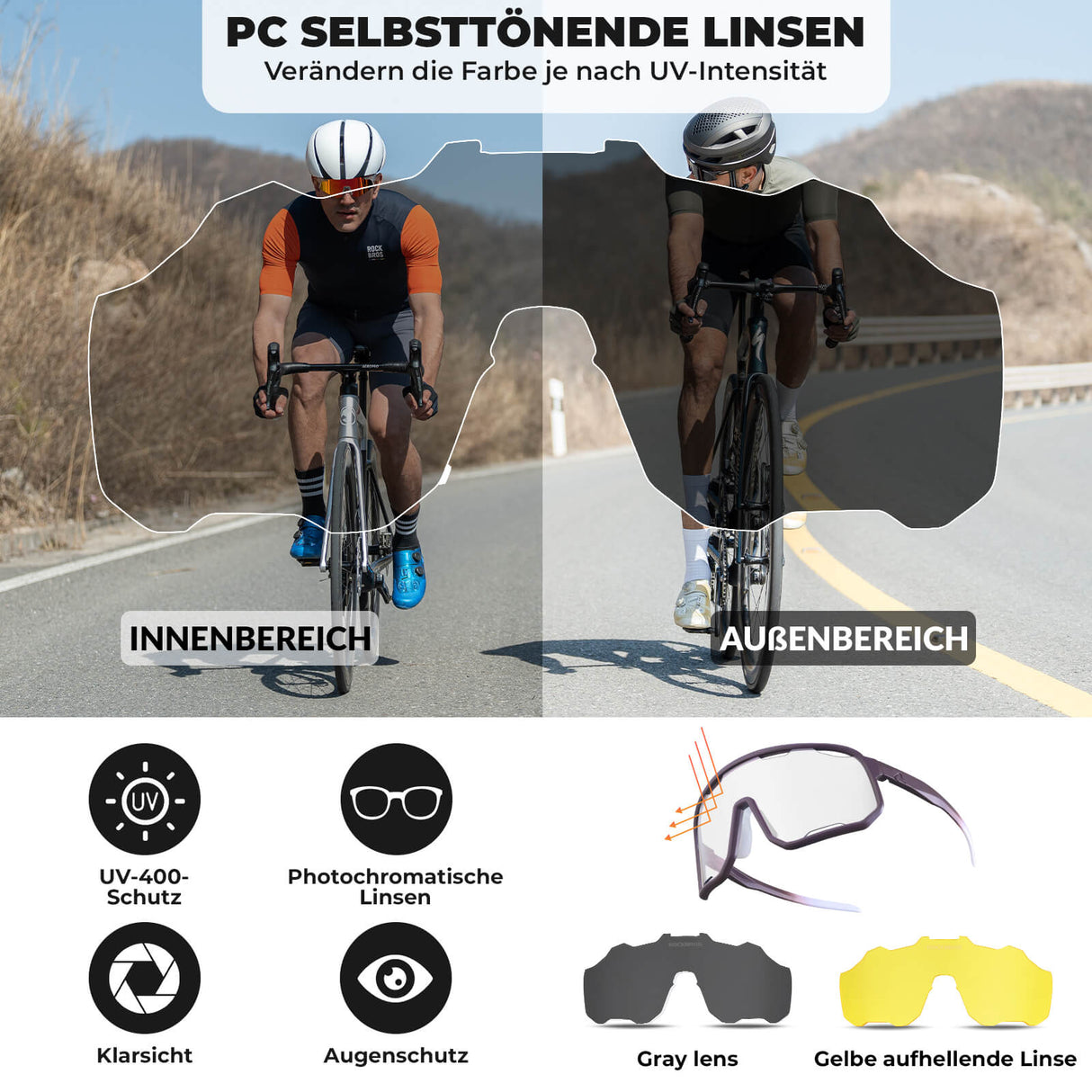 ROCKBROS Fahrradbrille Selbsttönende Sonnenbrille UV-Schutz Wechsel-Nasenpads Damen/Herren-Violett - Hellgrau