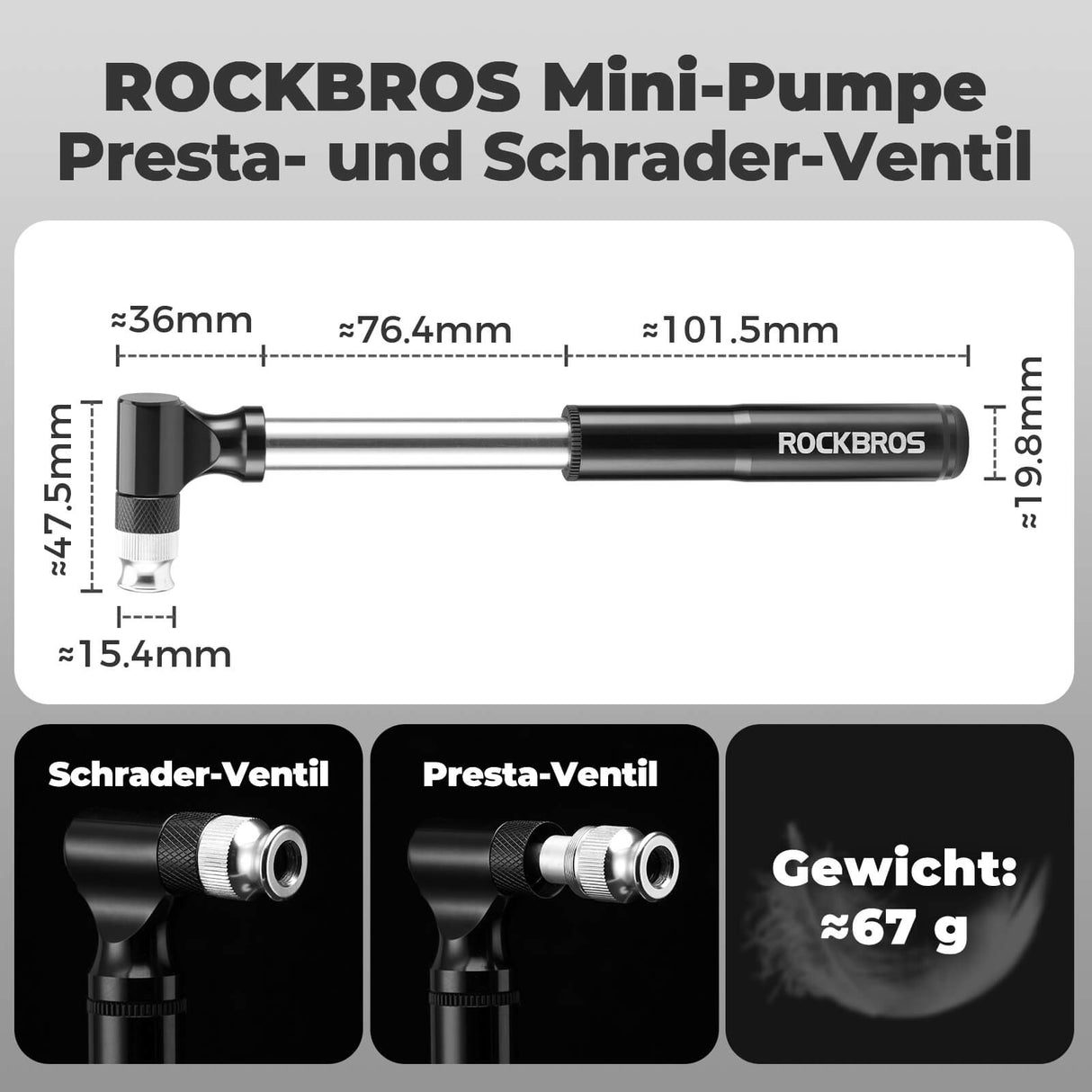 ROCKBROS Fahrradpumpe 130PSI Tragbar mit Halterung Presta & Schrader Ventile
