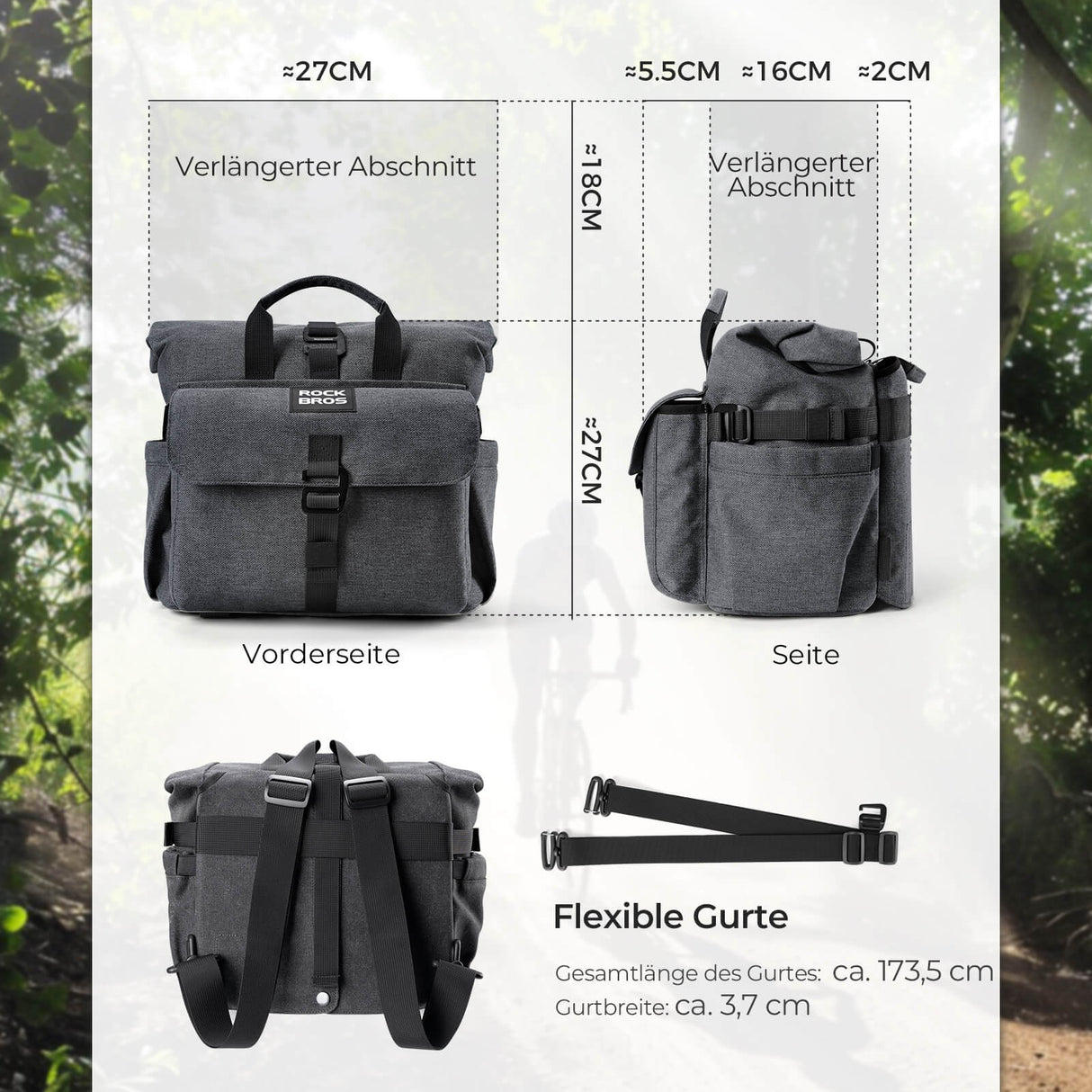 ROCKBROS Fahrradtasche Lenkertasche Multifunktional für Brompton 15L+1,8L Outdoor/Pendler