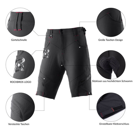 ROCKBROS Herren Fahrradhose, kurz, atmungsaktiv, mit Anti-Stoß-Polsterung, ideal für komfortable Fahrradtouren.