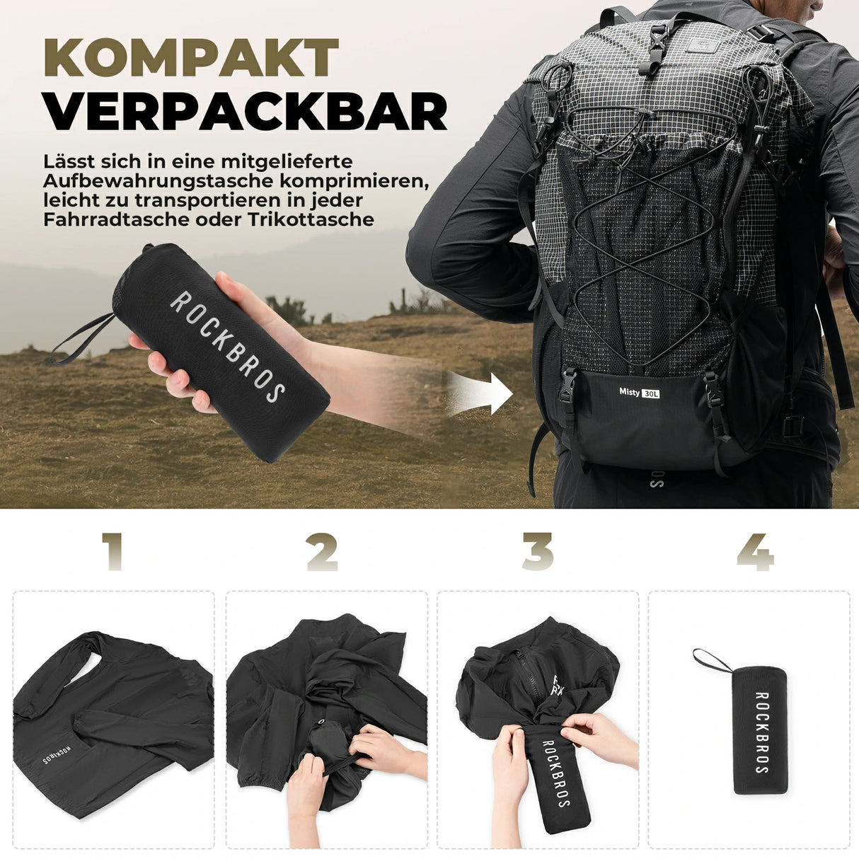 ROCKBROS Herren Leichte Fahrradjacke Multifunktional Winddicht Atmungsaktiv Frühling/Sommer