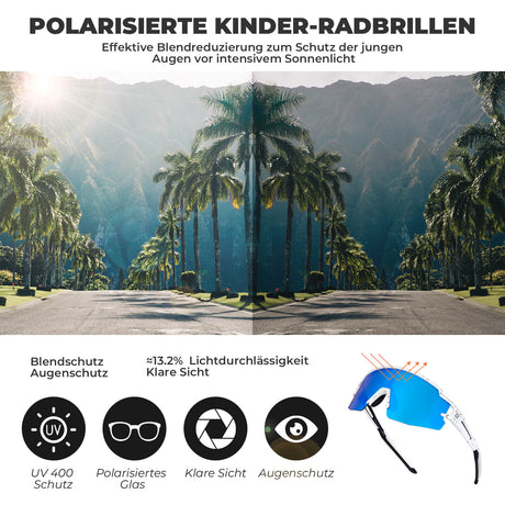 ROCKBROS Kinder Fahrradbrille Sonnenbrille Polarisiert UV400 für Jungen-Blau-Weiß