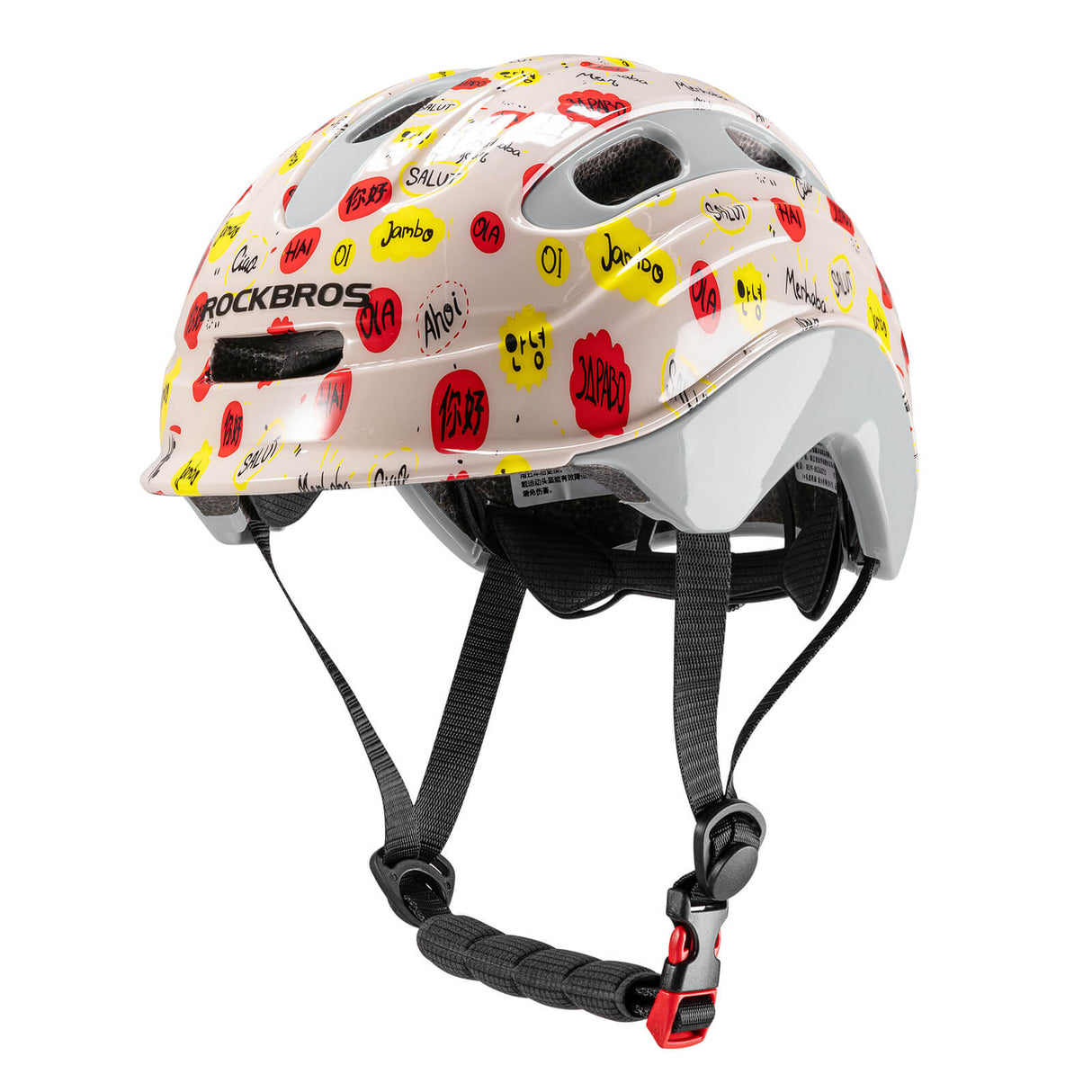 ROCKBROS Kinderhelm Fahrradhelm Rücklicht-Kompatibel 54–58cm 6–18 Jahre-Hallo Welt-Glänzend