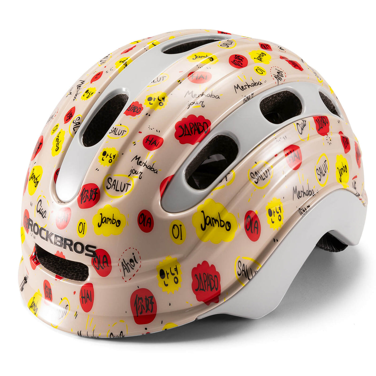 ROCKBROS Kinderhelm Fahrradhelm Rücklicht-Kompatibel 54–58cm 6–18 Jahre-Hallo Welt-Glänzend