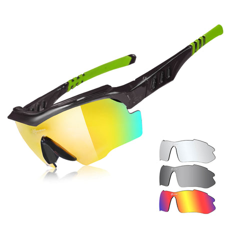 ROCKBROS Polarisierte Fahrradbrille mit wechselbaren Gläsern UV-Schutz Unisex-Schwarz-Grün