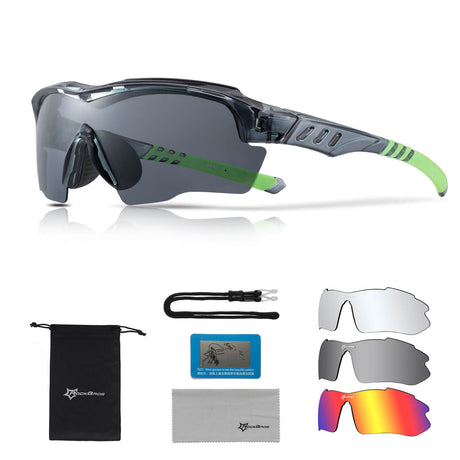 ROCKBROS Polarisierte Fahrradbrille mit wechselbaren Gläsern UV-Schutz Unisex-Schwarz-Grün