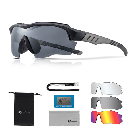 ROCKBROS Polarisierte Fahrradbrille mit wechselbaren Gläsern UV-Schutz Unisex-Schwarz-Schwarz-Grau