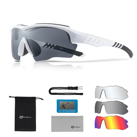 ROCKBROS Polarisierte Fahrradbrille mit wechselbaren Gläsern UV-Schutz Unisex-Schwarz-Weiß
