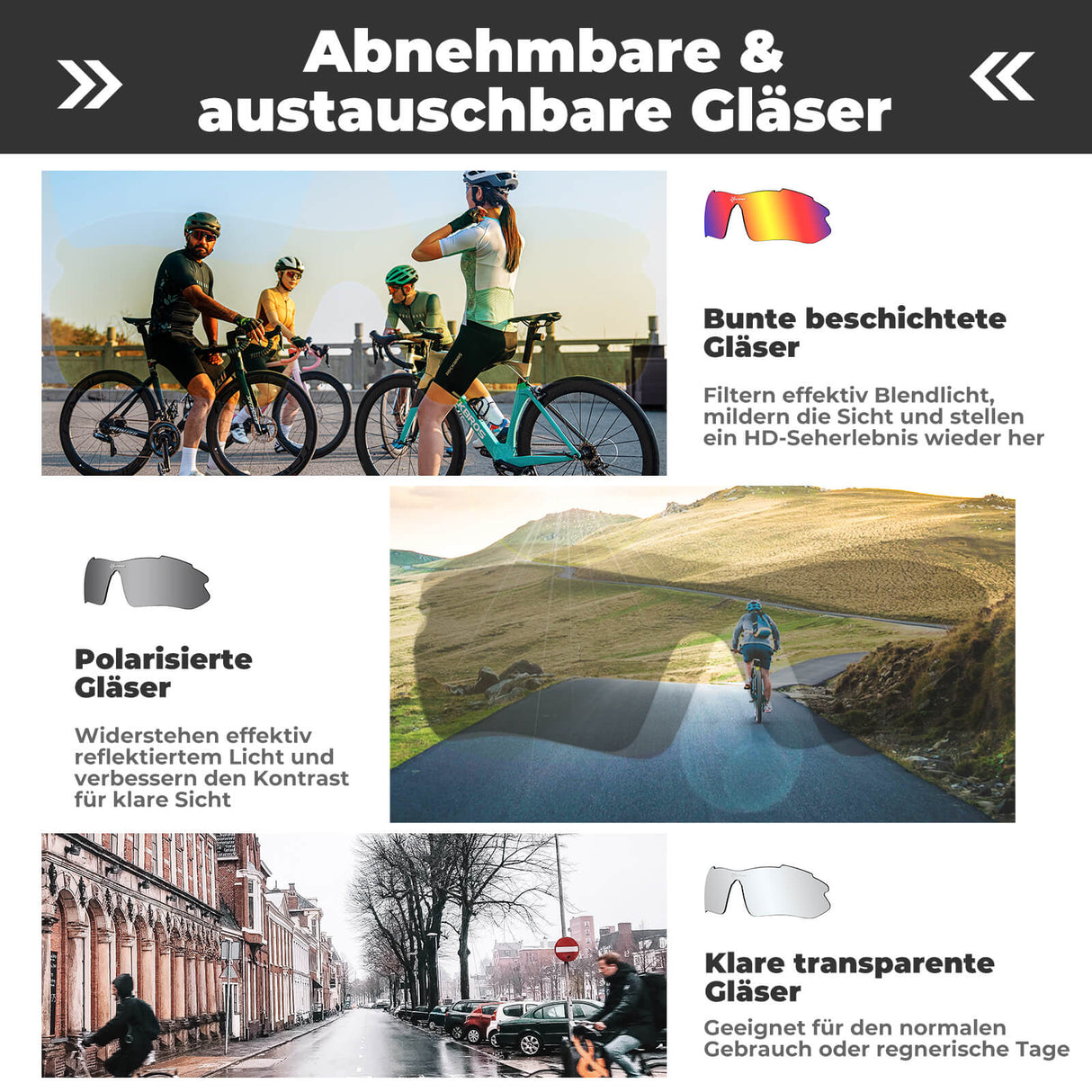 ROCKBROS Polarisierte Fahrradbrille mit wechselbaren Gläsern UV-Schutz Unisex