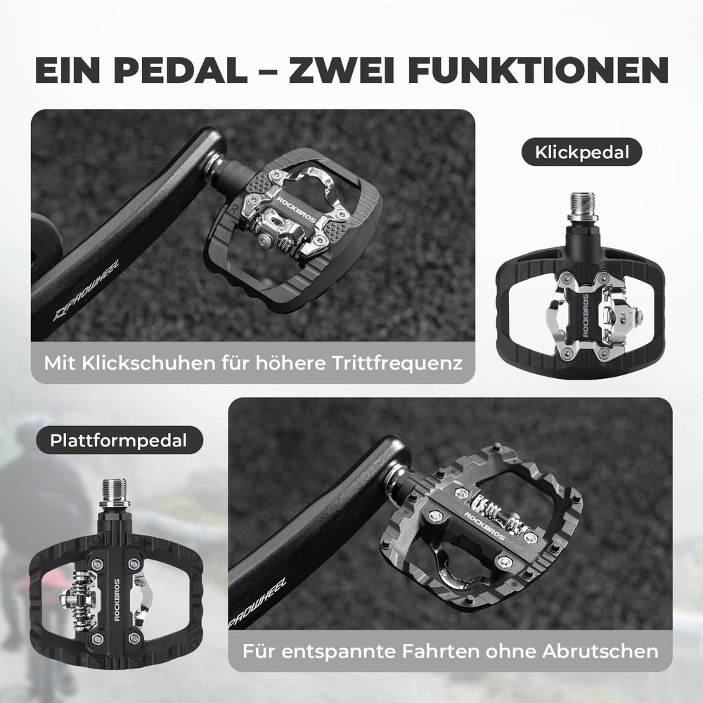 ROCKBROS SPD-Klickpedale & Plattformpedale 2-in-1 – Rutschfest, Leicht, mit Cleats-Set – 9/16" Pedale für MTB, Gravel & Rennrad
