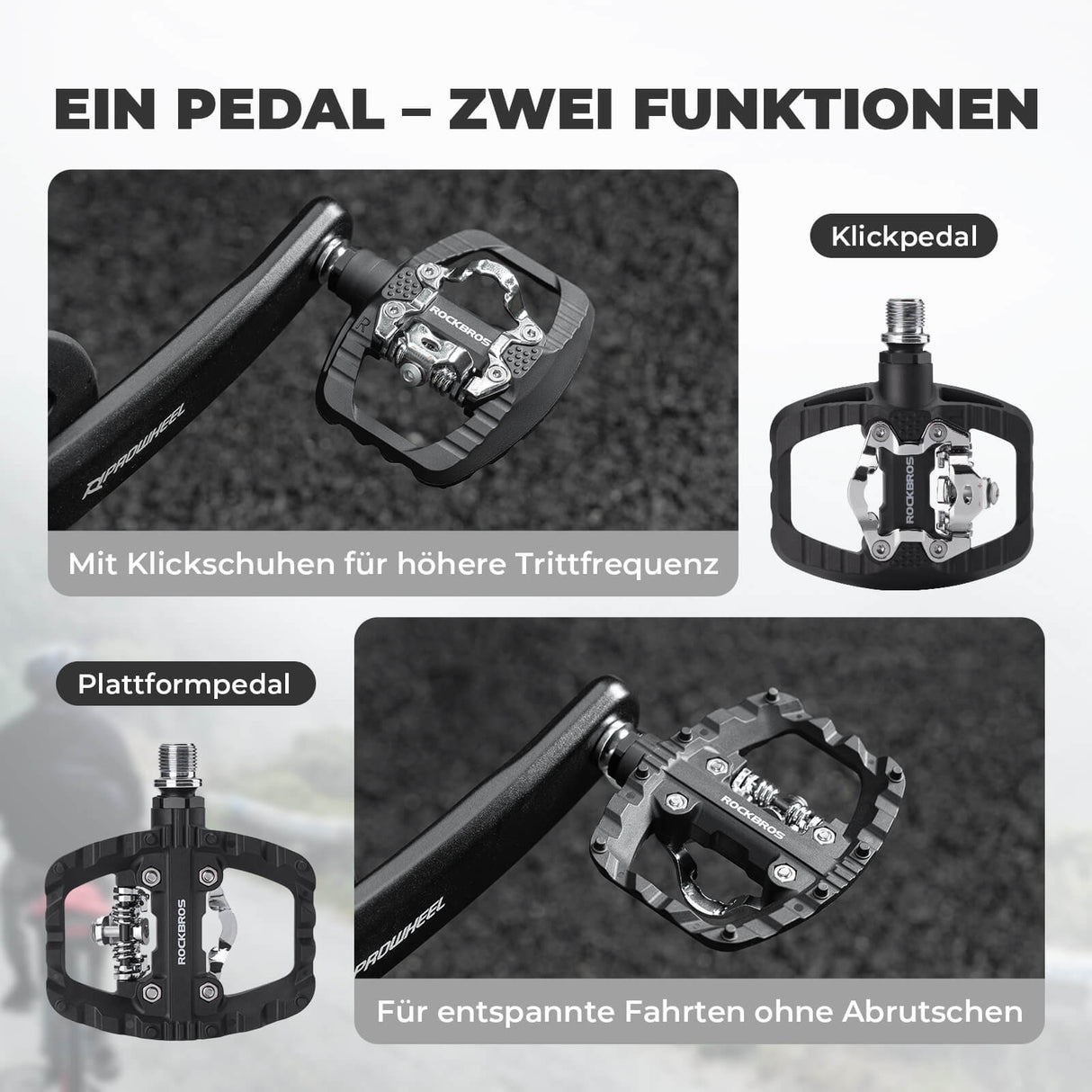 ROCKBROS SPD-Klickpedale & Plattformpedale 2-in-1 – Rutschfest, Leicht, mit Cleats-Set – 9/16" Pedale für MTB, Gravel & Rennrad