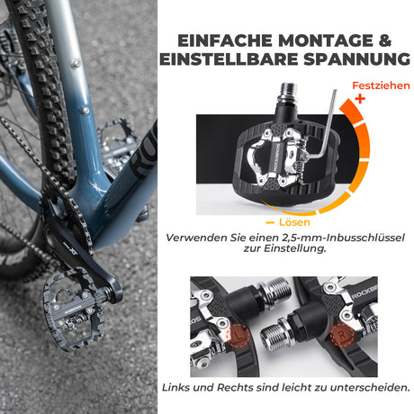 ROCKBROS SPD-Klickpedale & Plattformpedale 2-in-1 – Rutschfest, Leicht, mit Cleats-Set – 9/16" Pedale für MTB, Gravel & Rennrad