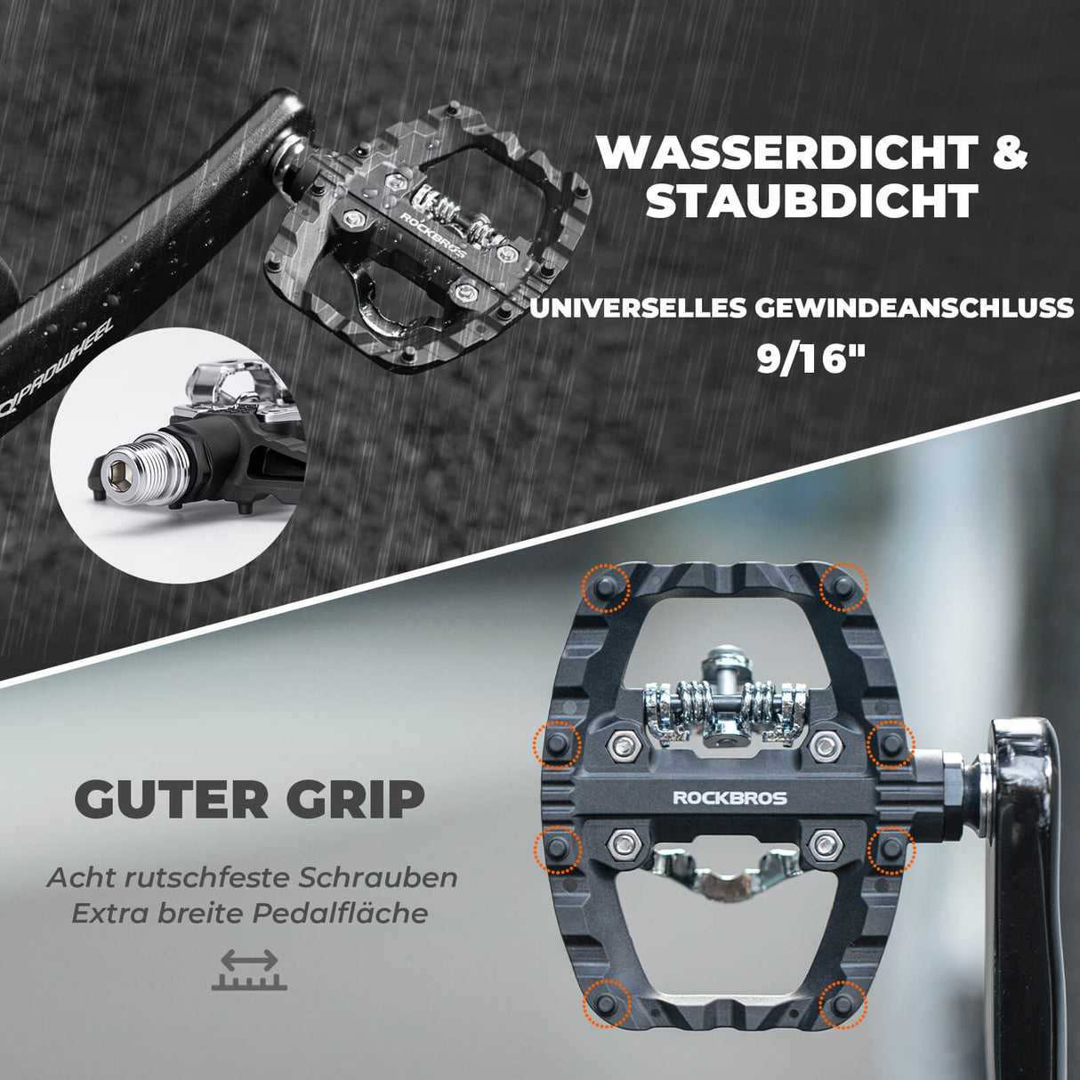 ROCKBROS SPD-Klickpedale & Plattformpedale 2-in-1 – Rutschfest, Leicht, mit Cleats-Set – 9/16" Pedale für MTB, Gravel & Rennrad