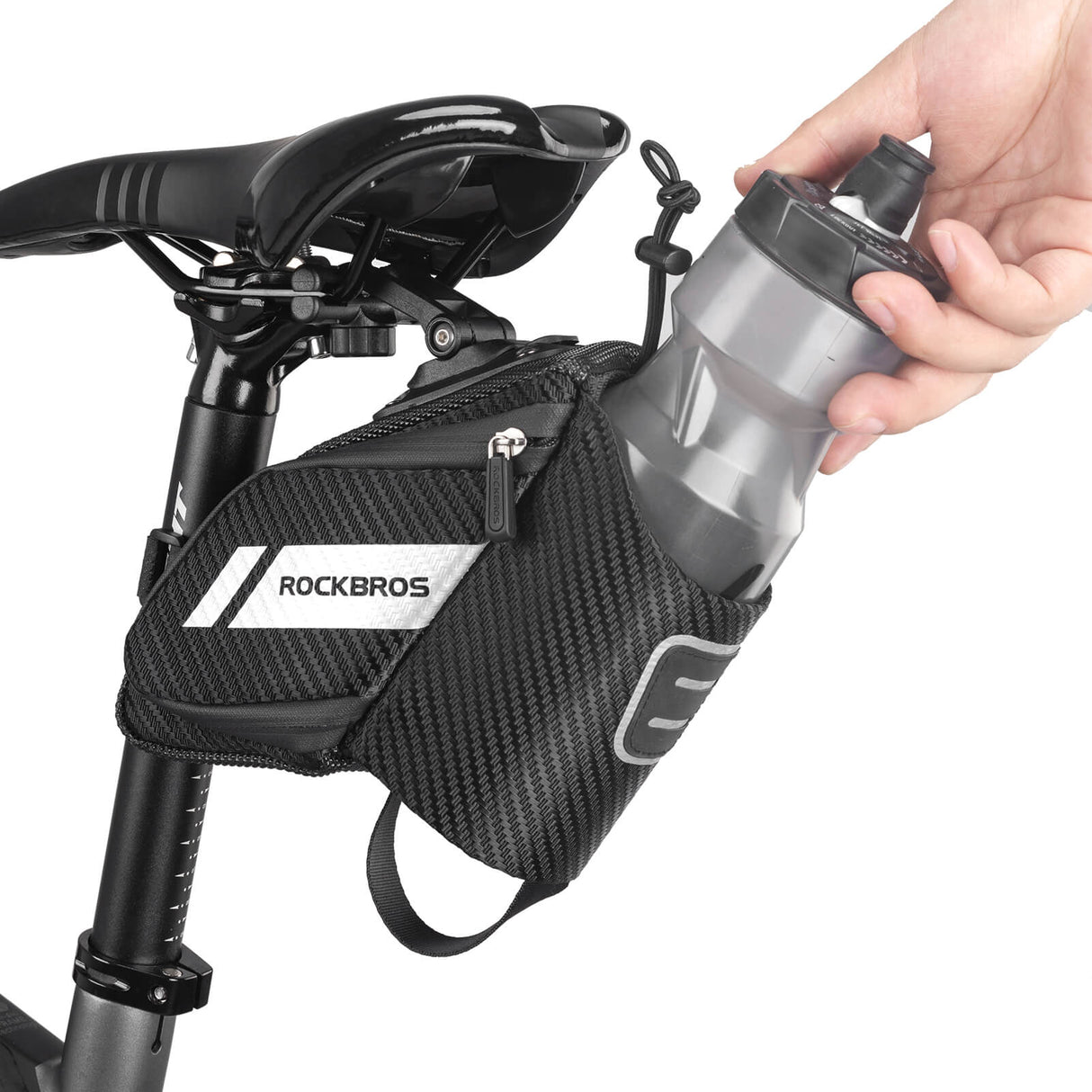 ROCKBROS Satteltasche 1L, schwarze Fahrradsitz Tasche mit integriertem Flaschenhalter für sicheren Transport und einfache Montage.