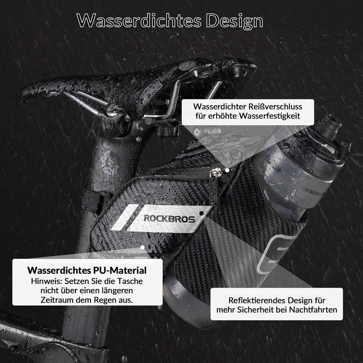 ROCKBROS Satteltasche 1L, schwarze Fahrradsitz Tasche mit integriertem Flaschenhalter für sicheren Transport und einfache Montage.